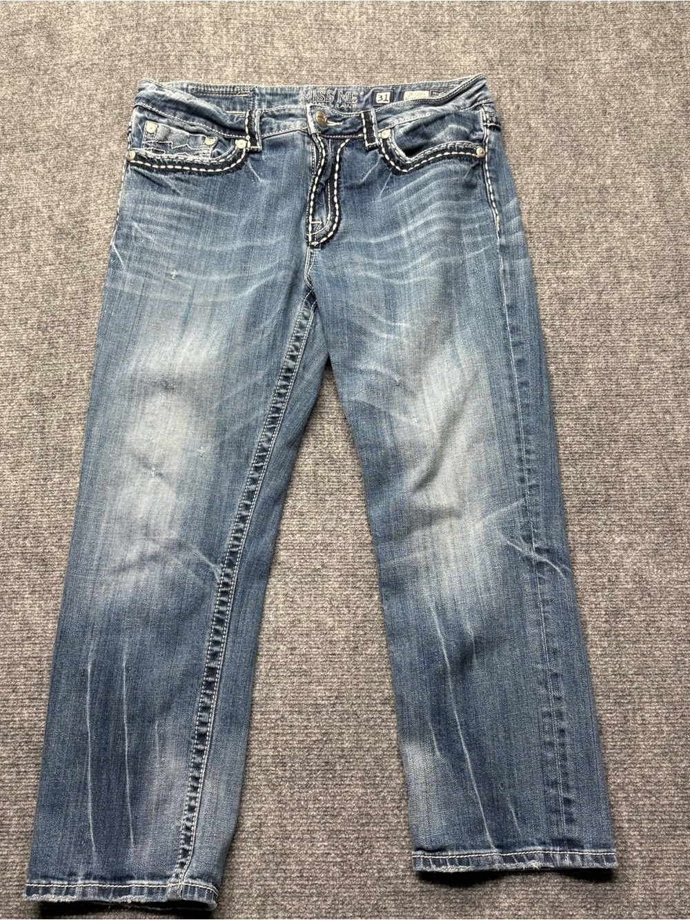 Miss Me Jeans Womens 31 Blue Denim Boyfriend Capri Mid Rise Stretch Wide Stitch